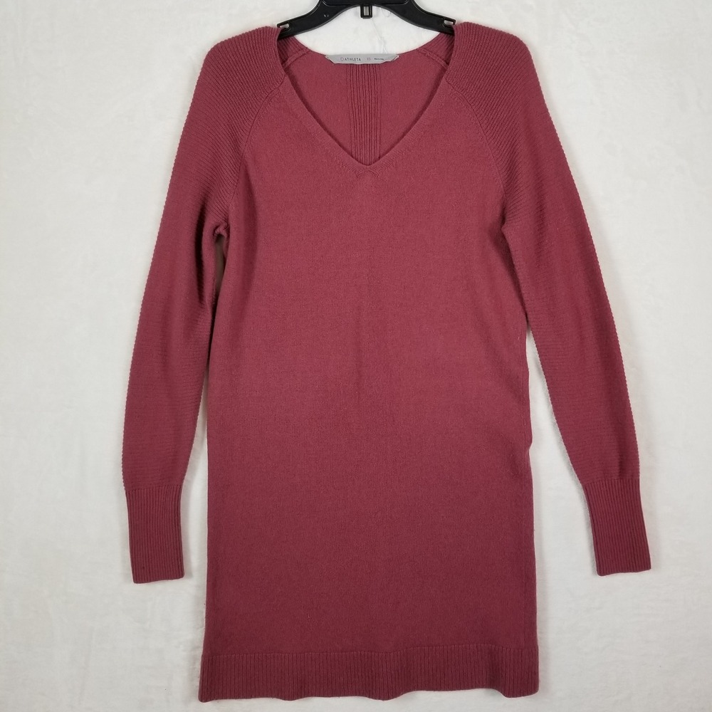 Athleta Womens XS‎ Wool Cashmere V-Neck Sweater Dress Mauve Red Long Sleeve J13